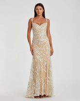 Beige Floral Embroidered Tulle Trumpet Gown